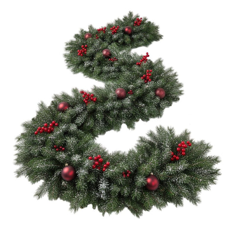 Snowing Spruce Garland with Red Baubles and Berry - Flowers Box London