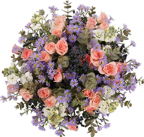 Spray Roses and Stocks Bouquet with Purple Accent