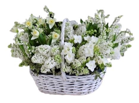 Spring Basket of Lilac with Lily of the Valley and Daffodils - Flowers Box London