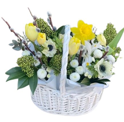 Spring Basket of White and Yellow Blooms
