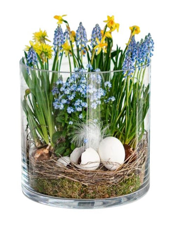 Spring Plants in Glass Cylinder Vase with Easter Decor