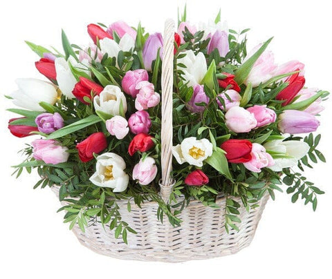 Spring Tulips with Greenery Basket - Flowers Box London