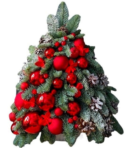 Spruce Christmas Tree Arrangement: Elegant Red Baubles and Red Decorations