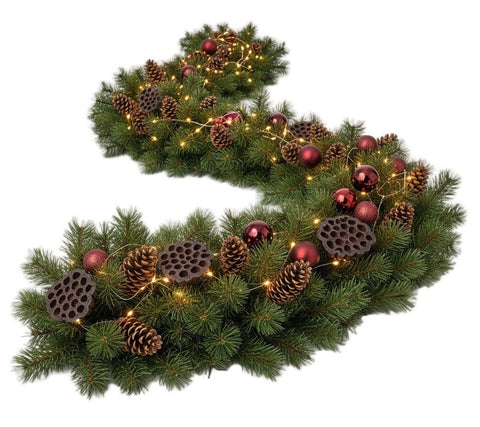 Spruce Garland with Burgundy Baublesand Lights - Flowers Box London