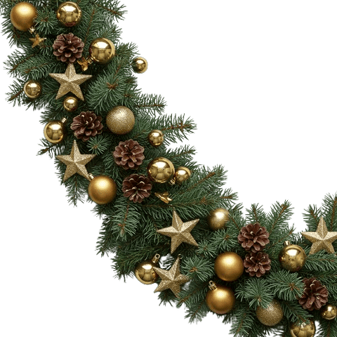 Spruce Garland with Gold Baubles, Stars and Cones - Flowers Box London