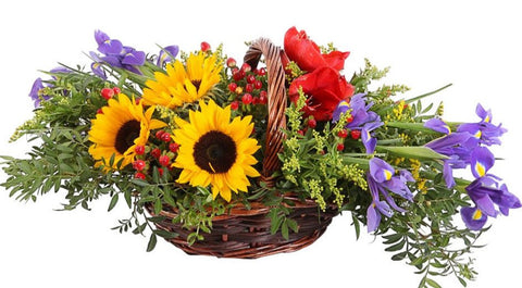 Sunflowers and Irises Pretty Basket - Flowers Box London