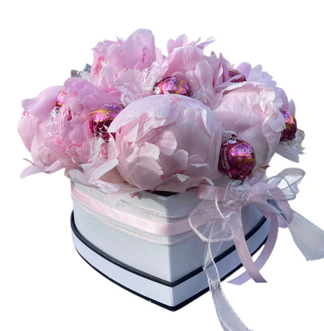 Sweet Box of Pink Peonies and Chocolate Truffles - Flowers Box London