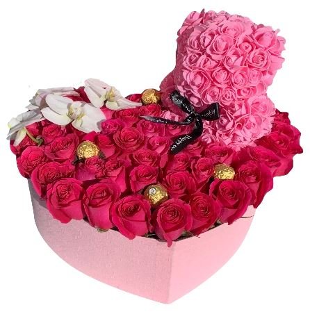 Sweet Box of Roses with Phalaenopsis & Foam Teddy | Flowers Box London