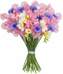 Sweet Pea and Freesias Bouqet with Blue Cornflowers