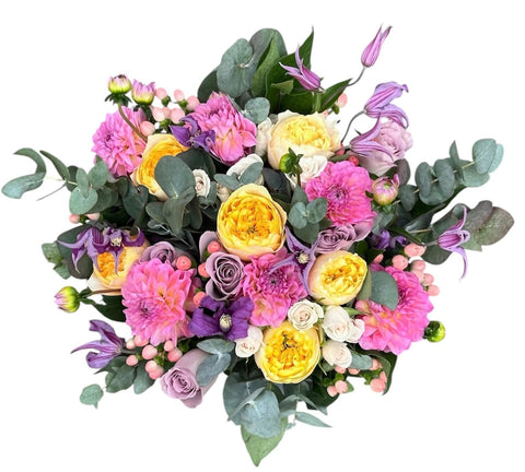 The Full of Colour Dahlias and Garden Roses Bouquet