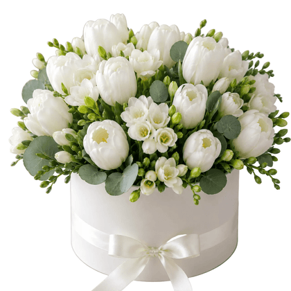 Tulip and Freesia with Eucalyptus Box - Flowers Box London