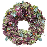 Vintage Burgundy and Green Hydrangea with Eucalyptus Wreath - Flowers Box London