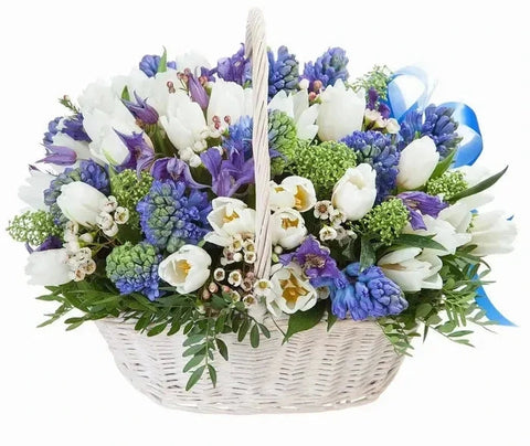 White and Blue Flowers Basket