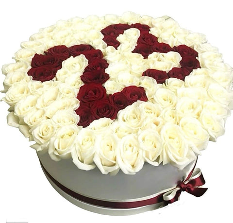 White and Red Roses Box with Numbers - Flowers Box London