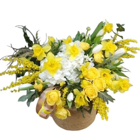 White and Yellow Flowers with Mimosa in Basket - Flowers Box London