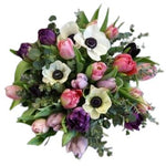 White Anemone and Colored Tulips with Greenery Bouquet