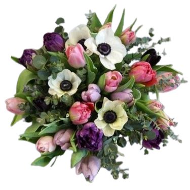 White Anemone and Colored Tulips with Greenery Bouquet