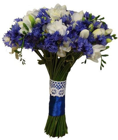 White Freesia and Cornflowers Bridal Bouquet - Flowers Box London