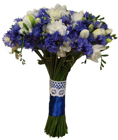 White Freesia and Cornflowers Bridal Bouquet