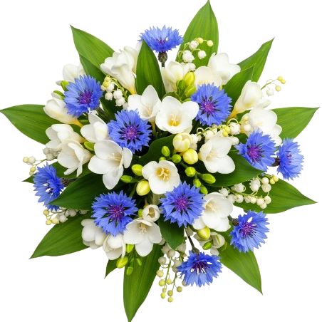 White Freesias and Lily of Valley with Cornflowers Bouquet