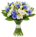 White Freesias and Lily of Valley with Cornflowers Bouquet - Flowers Box London