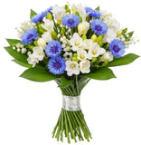 White Freesias and Lily of Valley with Cornflowers Bouquet - Flowers Box London