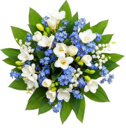 White Freesias with Blue Forget Me Not and Lily of Valley Bouquet