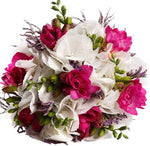 White Hydrangea and Magenta Freesias with Purple Accent Bouquet