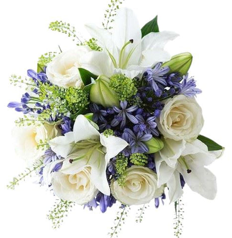 White Lily in Blue Bouquet - Flowers Box London