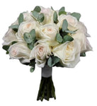 White O'Hara Garden Roses with Eucalyptus Bridal Bouquet