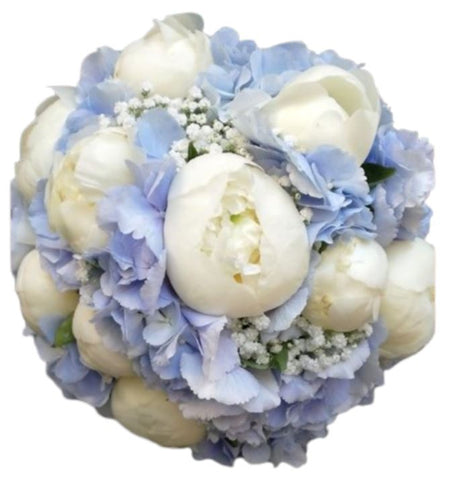 White Peonies in Blue Bouquet - Flowers Box London