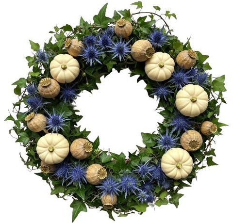 White Pumpkin and Blue Eryngium Wreath - Flowers Box London