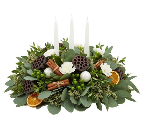 Winter Centerpiece with White Baubles and Dried Orange Accents - Flowers Box London