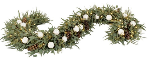 Winter Elegance Garland with Eucalyptus, Lights & White Baubles - Flowers Box London