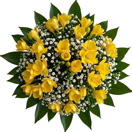 Yellow Freesias with Gypsophila and Greenery Bouquet - Flowers Box London