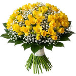 Yellow Freesias with Gypsophila and Greenery Bouquet