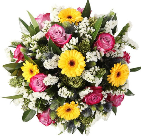 Yellow Gerberas and Deep Purple Roses Bouquet