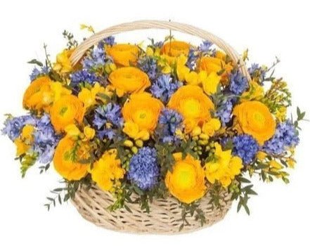 Yellow Ranunculus and Freesias with Hyacinths Basket - Flowers Box London