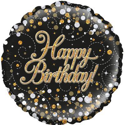 18in Happy Birthday Black/Gold Balloon