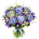 Blue hydrangea and iris bouquet