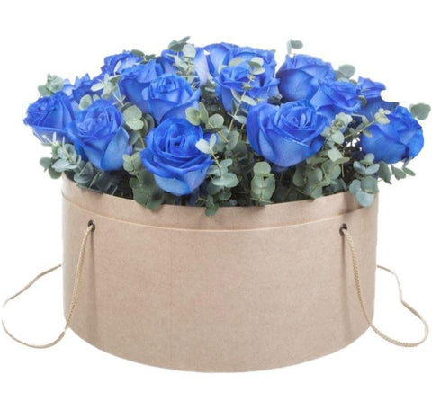 Blue Roses Hat Box with Eucalyptus
