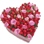 Heart box with spray roses and strawberries