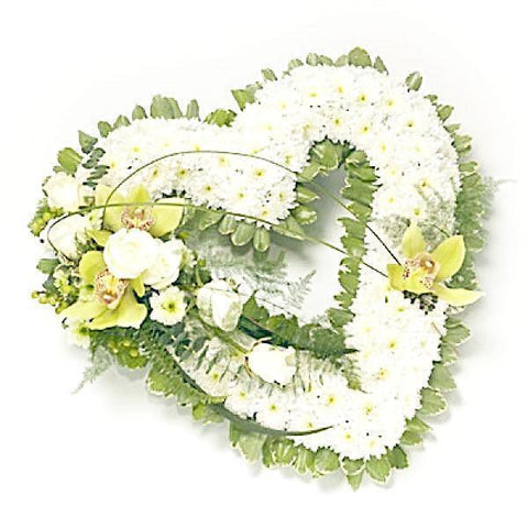 Classic White Open Heart with Green Corsage - Flowers Box London