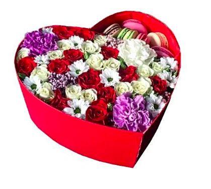 Colored Flowers and Macaroons Heart Box - Flowers Box London