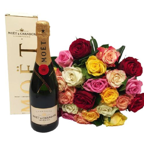 Colourful Roses Bouquet with Moet Champagne