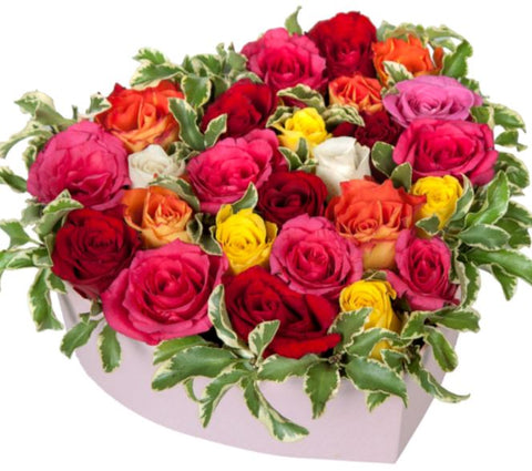 Colourful Roses with Greenery in a Box