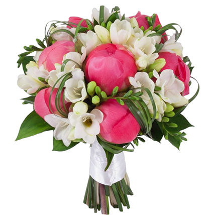 Coral Peonies and Freesias Bridal Bouquet
