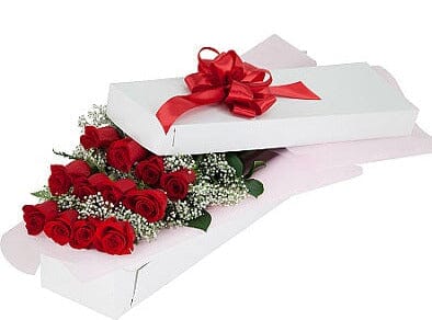 Dozen Red Roses with Gypsophila Gift Box - Flowers Box London