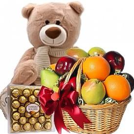 Ferrero Rocher and Fruit Basket with Teddy Bear - Flowers Box London