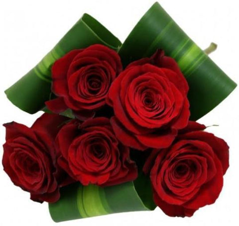 Five Roses with Aspidistra Leaves Bouquet - Flowers Box London